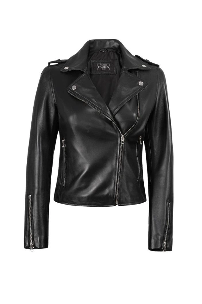 Classic Black Asymmetric Biker Leather Jacket for Women