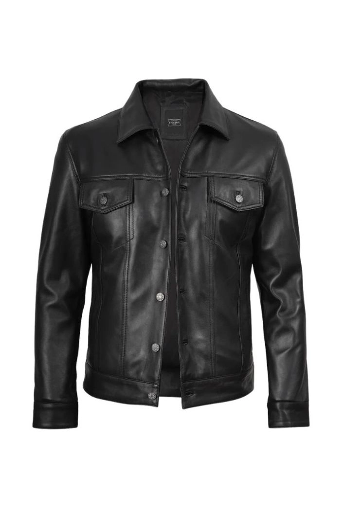 Tailored Black Button Down Leather Jacket for Men