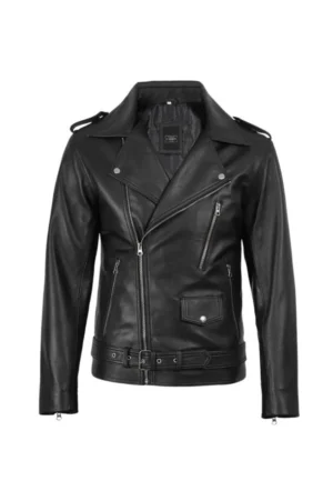 Classic Black Asymmetric Moto Leather Jacket for Men