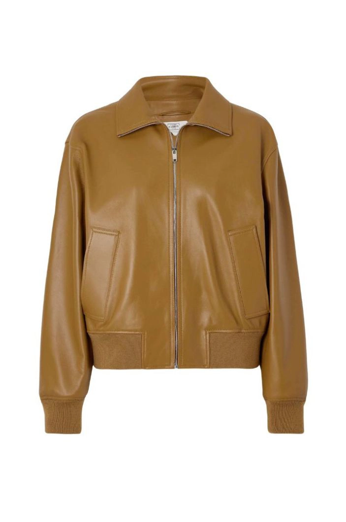 Caramel Bomber Ribbed Trim Leather Jacket for Women