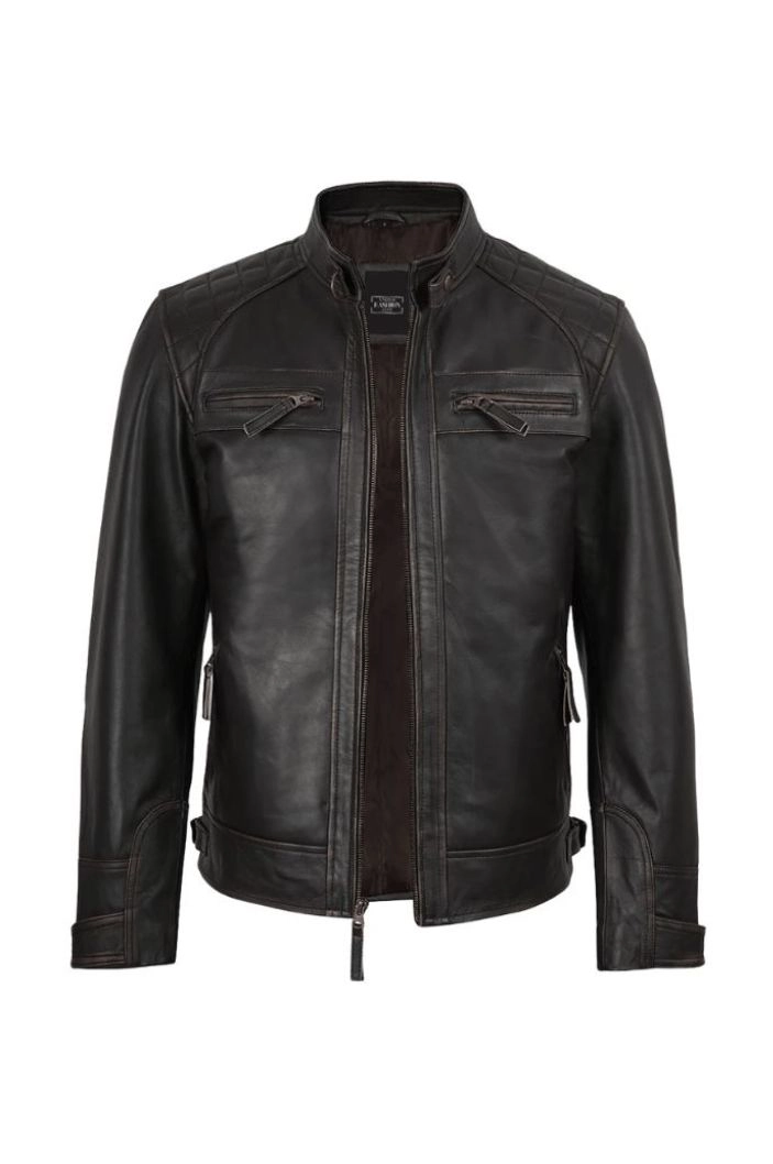 Vintage Brown Paneled Moto Leather Jacket for Men