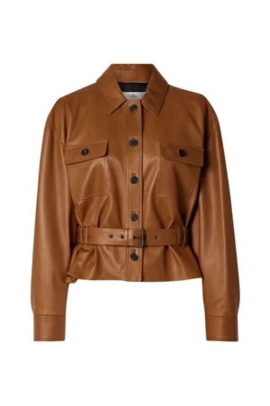 Tan Belted Utility Leather Jacket for Women