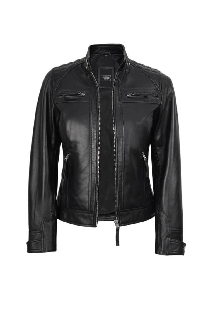 Fitted Black Quilted Moto Leather Jacket for Women