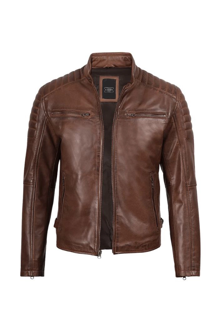 Distressed Brown Quilted Biker Leather Jacket for Men
