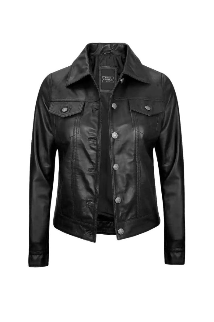 Black Button Front Denim Style Leather Jacket for Women