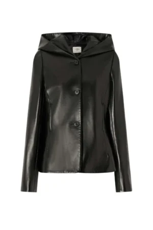 Black Hooded Button Front Leather Jacket for Women