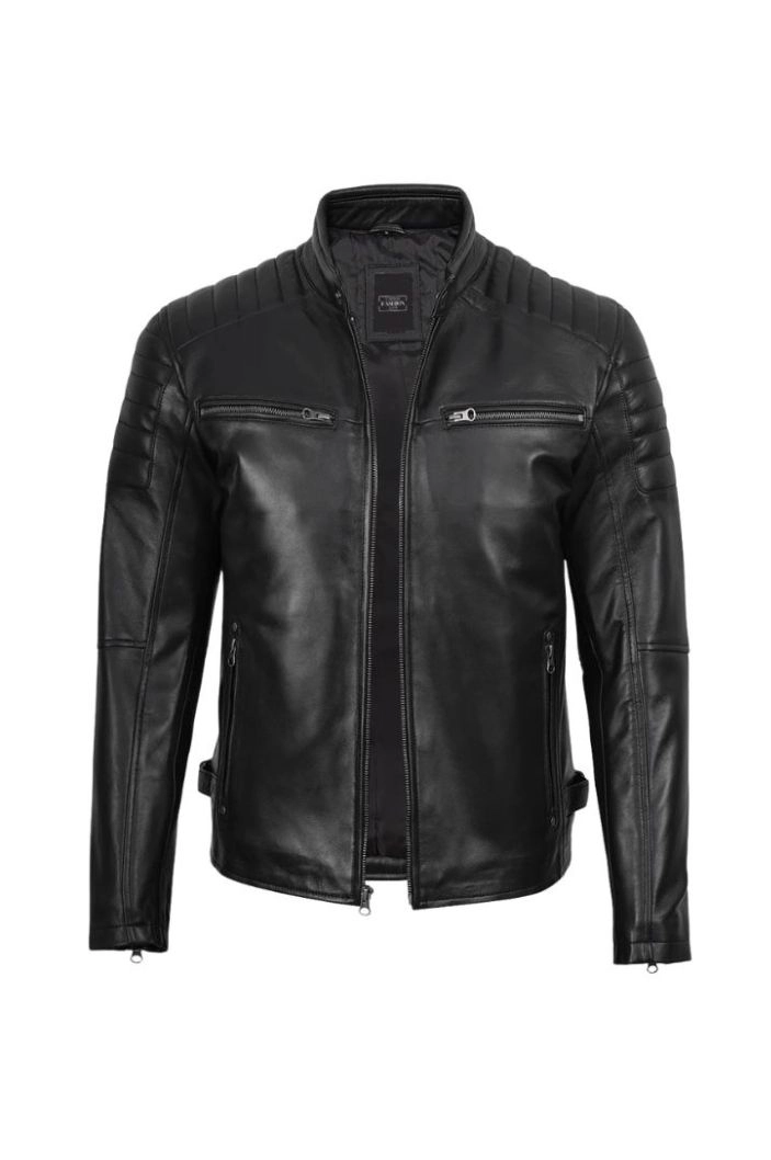 Sleek Black Quilted Shoulder Leather Jacket for Men